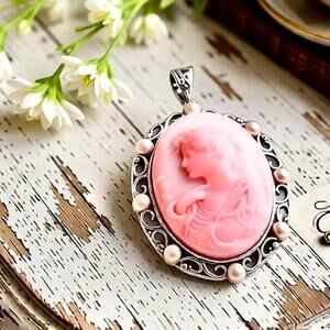 Cameo Pink Conch & Pearl Filigree Vintage Style 2.5" Pendant